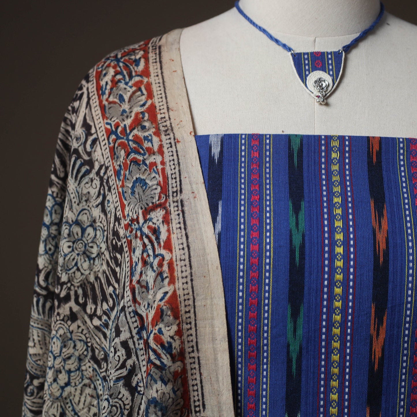 Pochampally Ikat Cotton 2pc Unstitched Dress Material Kurta Set with Jewellery 07