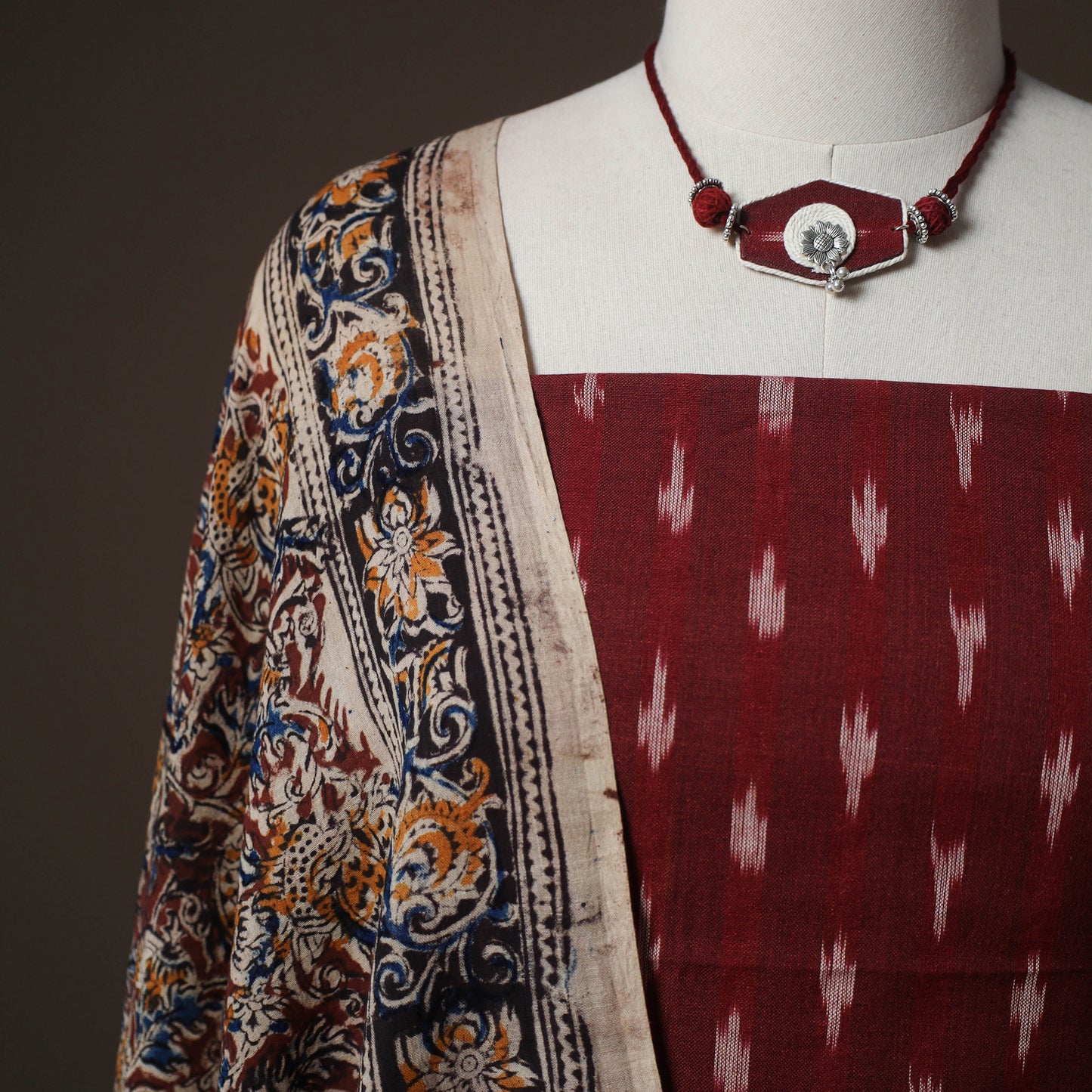 Pochampally Ikat Cotton 2pc Unstitched Dress Material Kurta Set with Jewellery 08