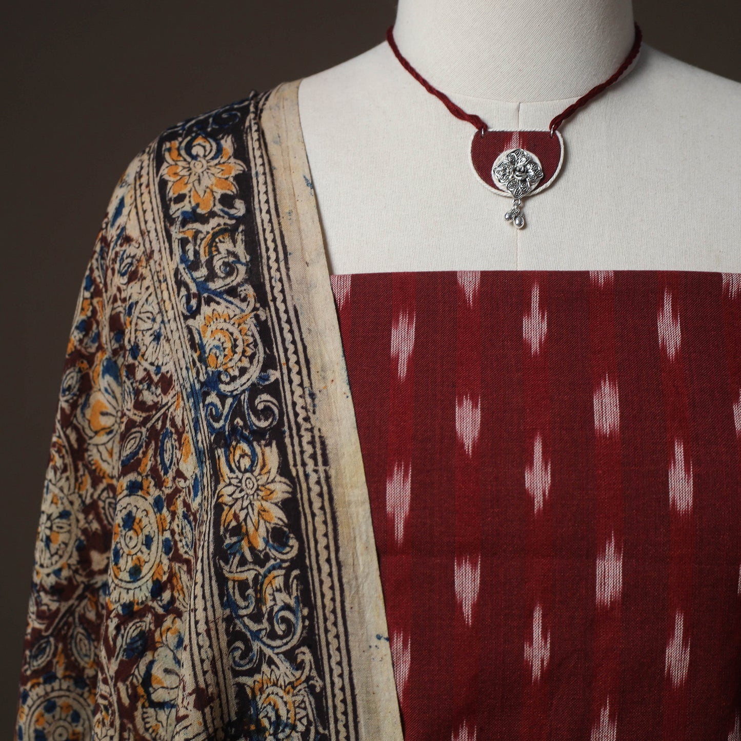 Pochampally Ikat Cotton 2pc Unstitched Dress Material Kurta Set with Jewellery 09