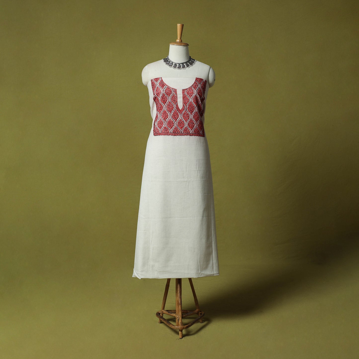 White - Hand Embroidered Cotton Kashida 2pc Unstitched Dress Material Kurta Set 12