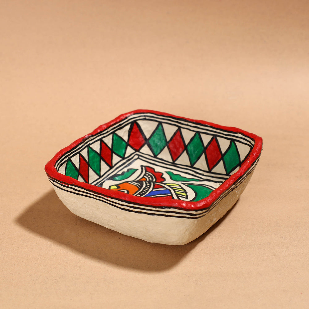 Madhubani Handpainted Paper Mache Home Decor Square Bowl