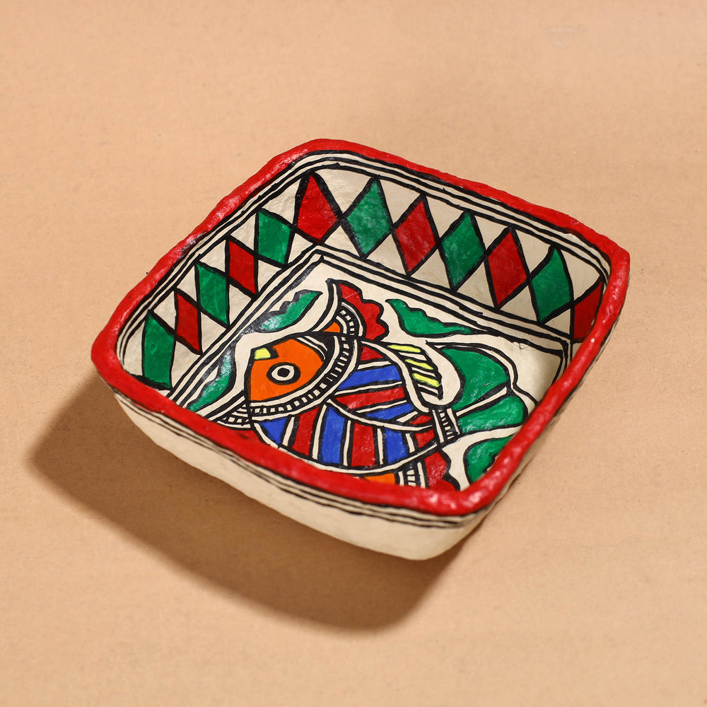 Madhubani Handpainted Paper Mache Home Decor Square Bowl