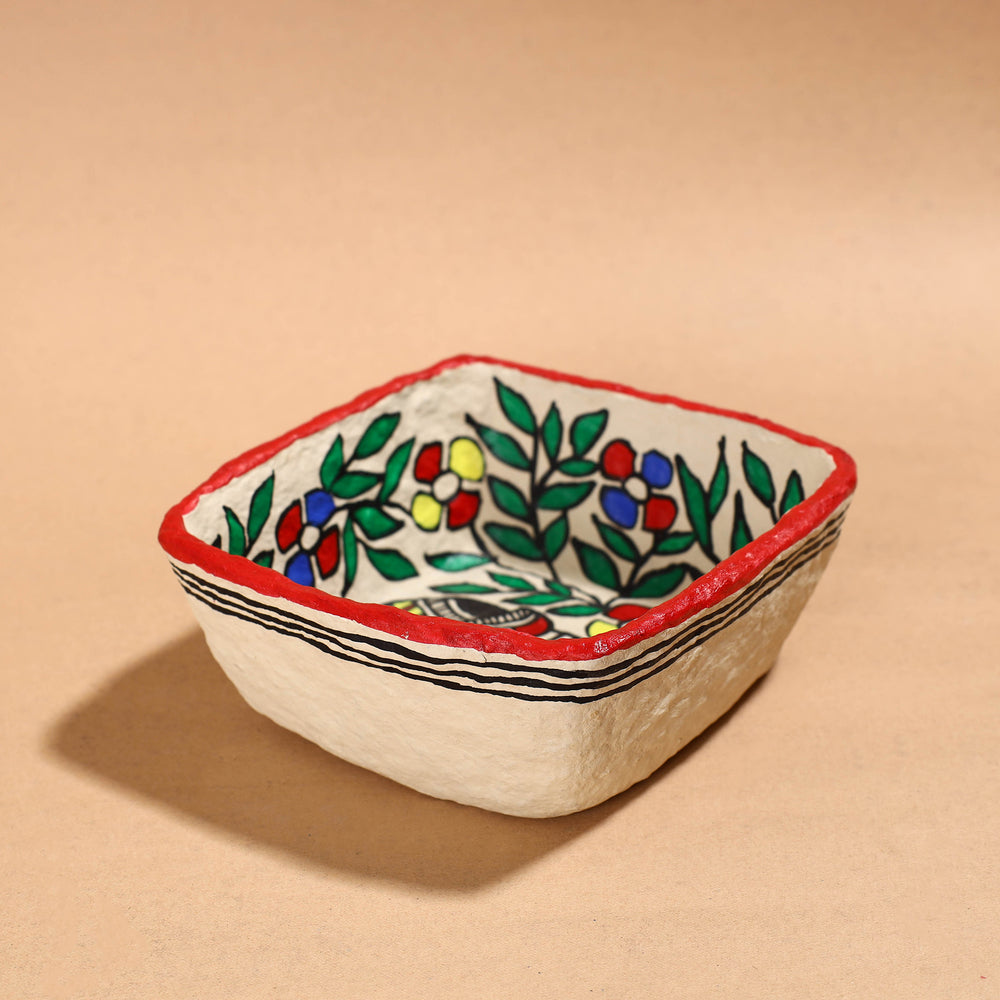 Madhubani Handpainted Paper Mache Home Decor Square Bowl