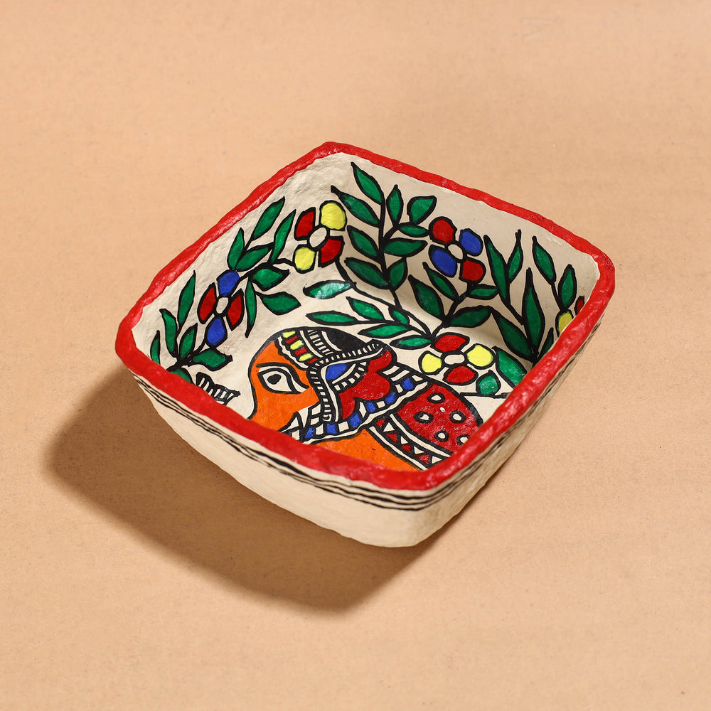 Madhubani Handpainted Paper Mache Home Decor Square Bowl