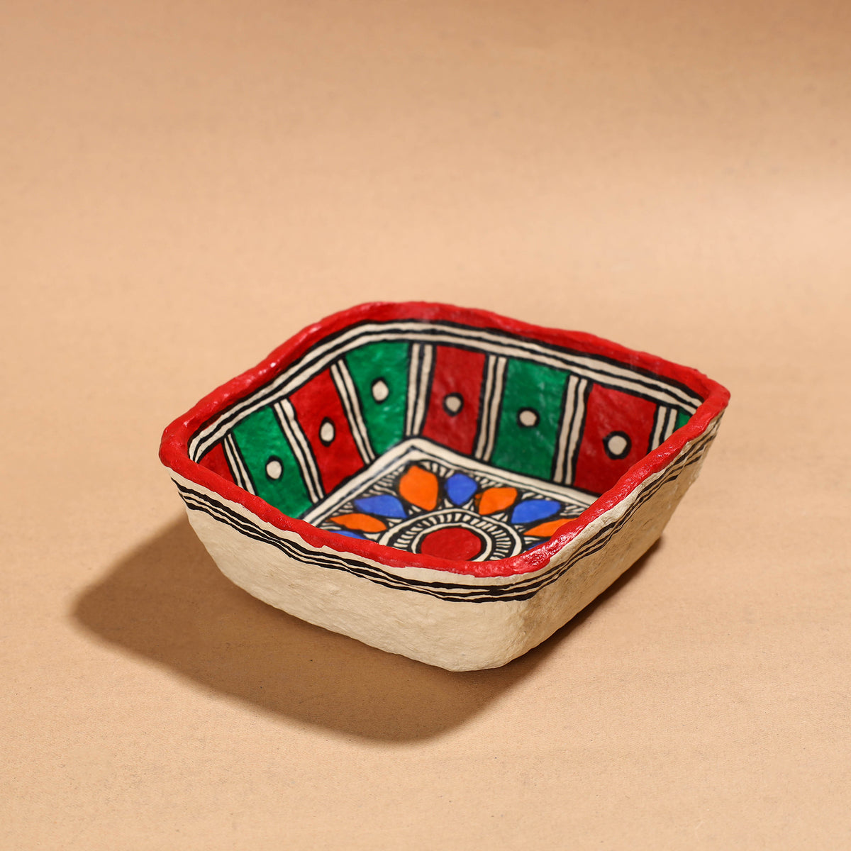 Madhubani Handpainted Paper Mache Home Decor Square Bowl (6 x 6 in)