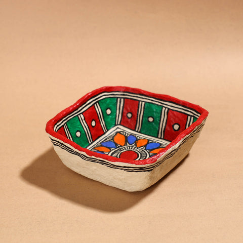 Madhubani Handpainted Paper Mache Home Decor Square Bowl 