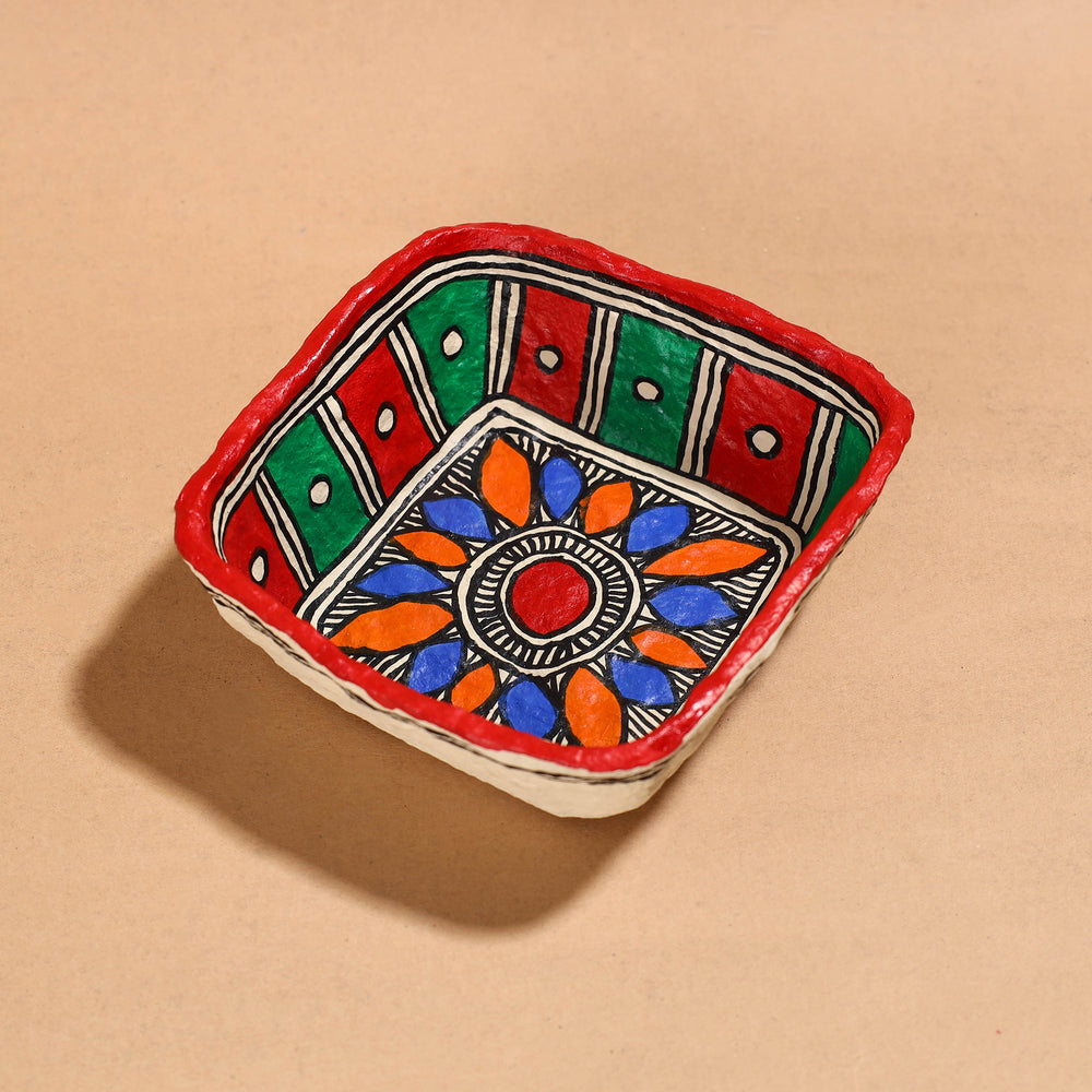 Madhubani Handpainted Paper Mache Home Decor Square Bowl 