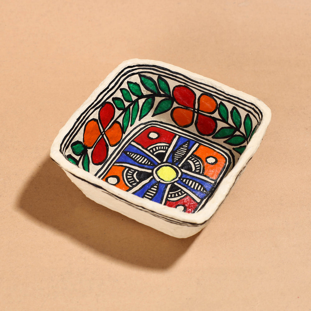 Madhubani Handpainted Paper Mache Home Decor Square Bowl