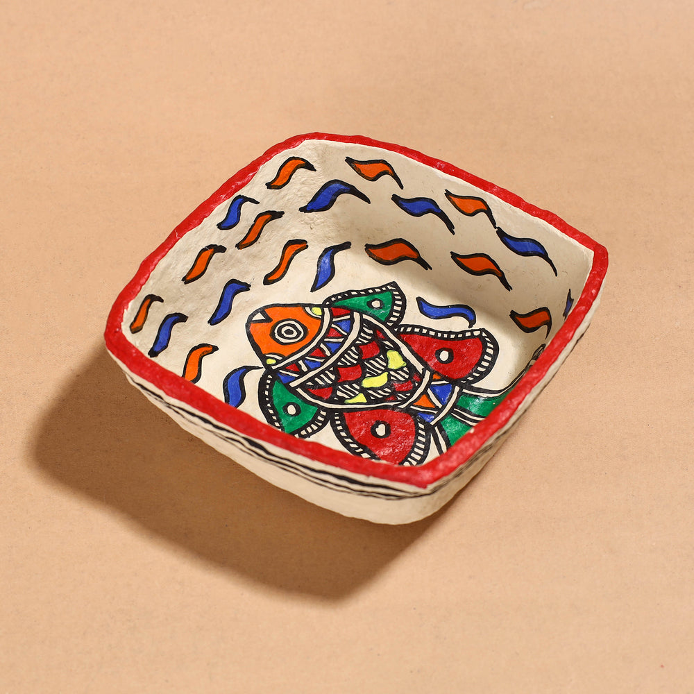 Madhubani Handpainted Paper Mache Home Decor Square Bowl (6 x 6 in)