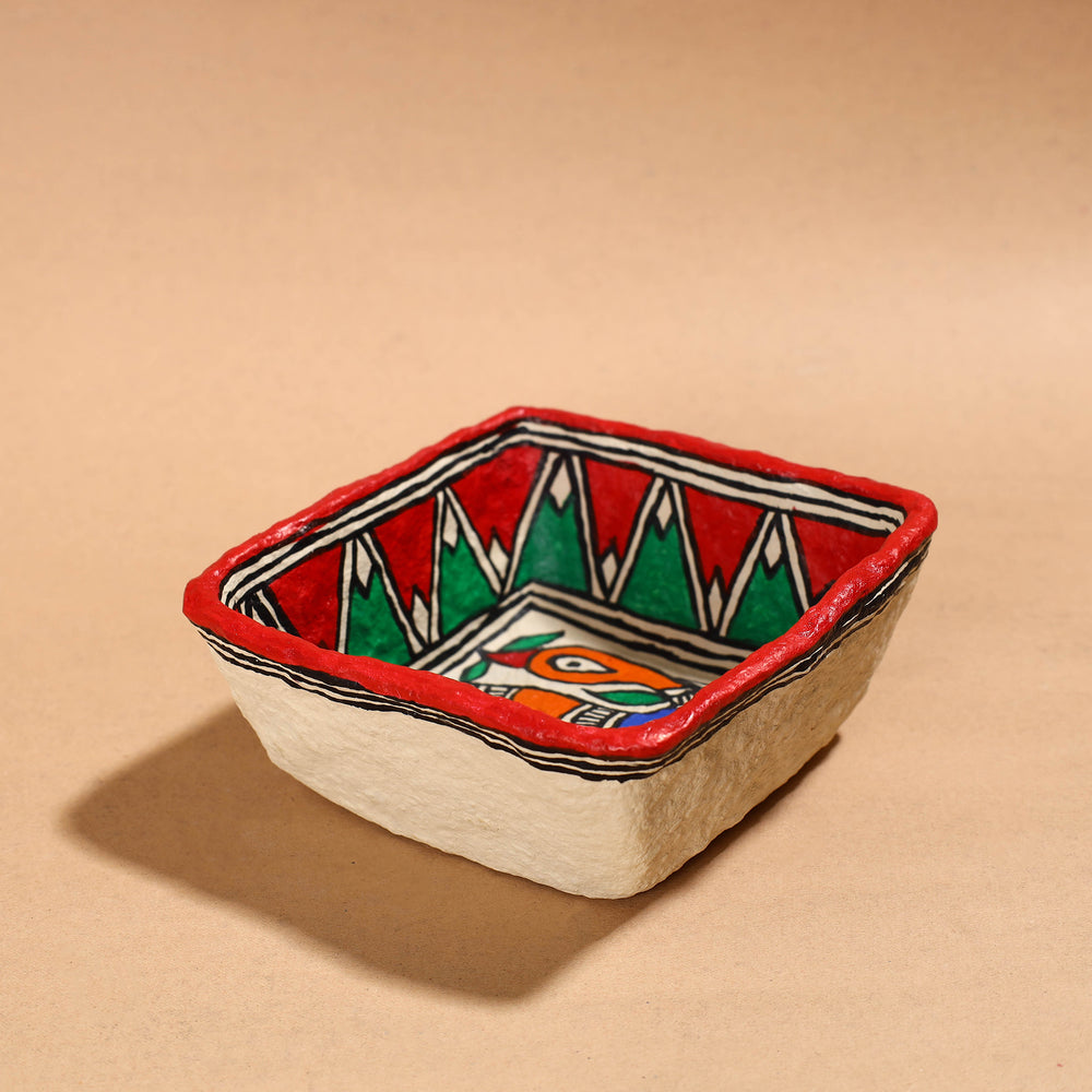 Madhubani Handpainted Paper Mache Home Decor Square Bowl (6 x 6 in)