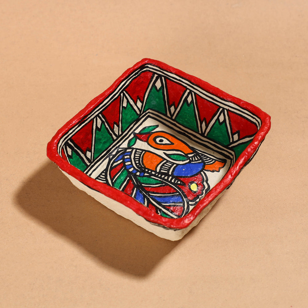 Madhubani Handpainted Paper Mache Home Decor Square Bowl (6 x 6 in)