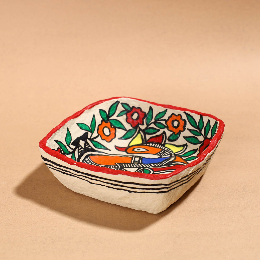 Madhubani Handpainted Paper Mache Home Decor Square Bowl