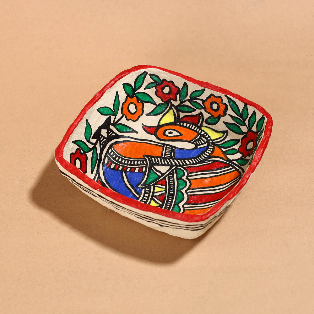 Madhubani Handpainted Paper Mache Home Decor Square Bowl