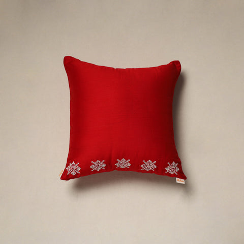 Red - plain slub silk hand embroidered cushion cover 07