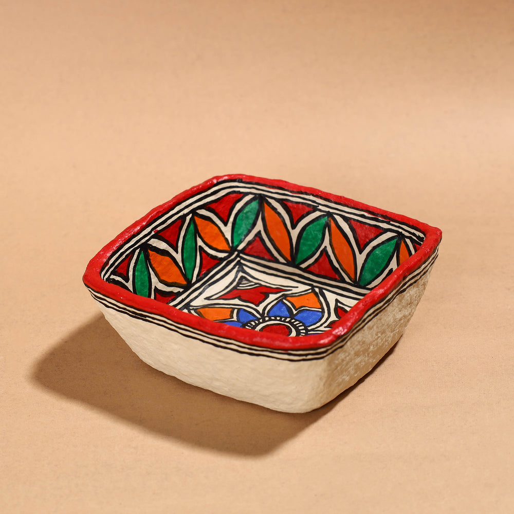 Madhubani Handpainted Paper Mache Home Decor Square Bowl 