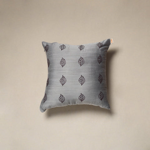 Grey - plain slub silk hand embroidered cushion cover 05