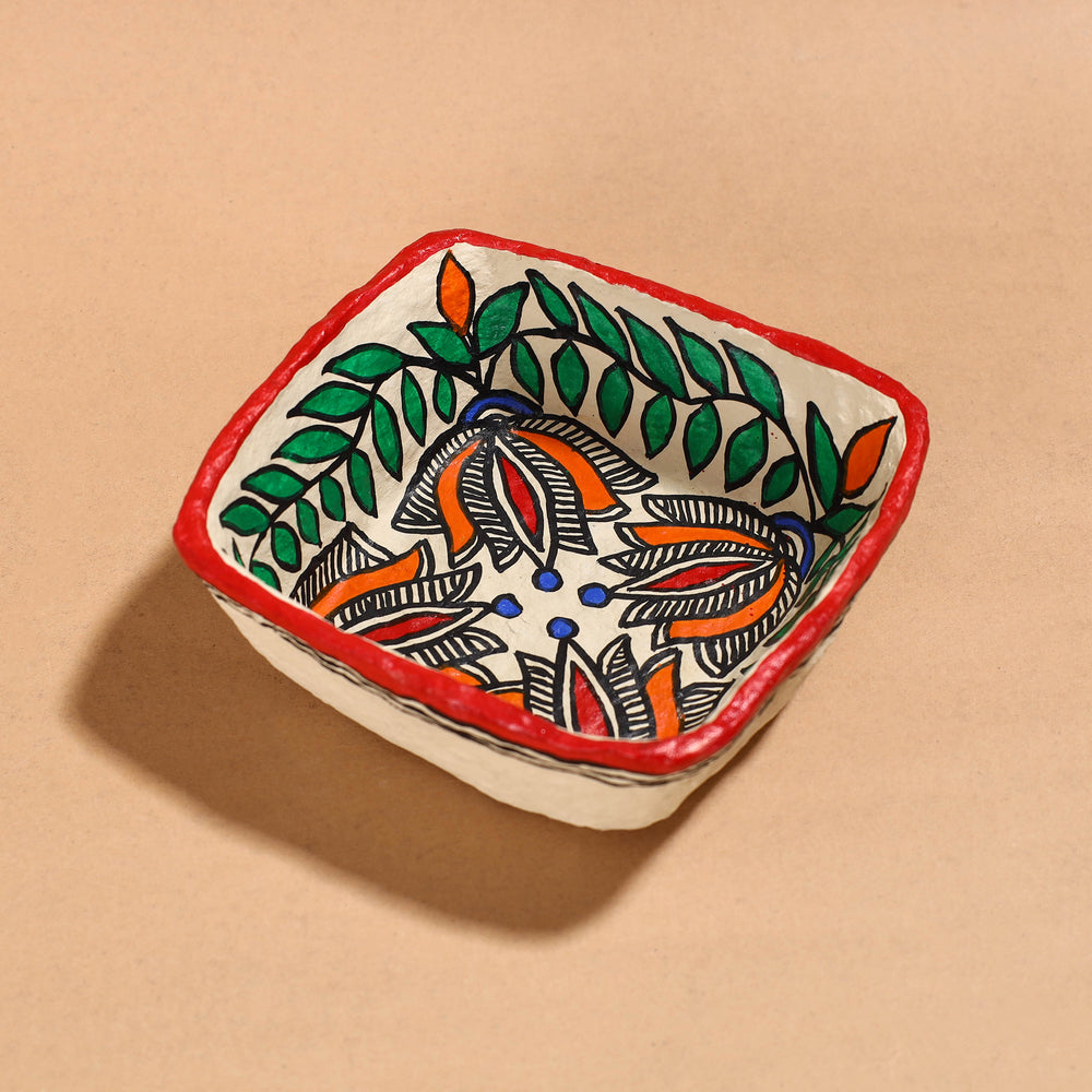 Madhubani Handpainted Paper Mache Home Decor Square Bowl