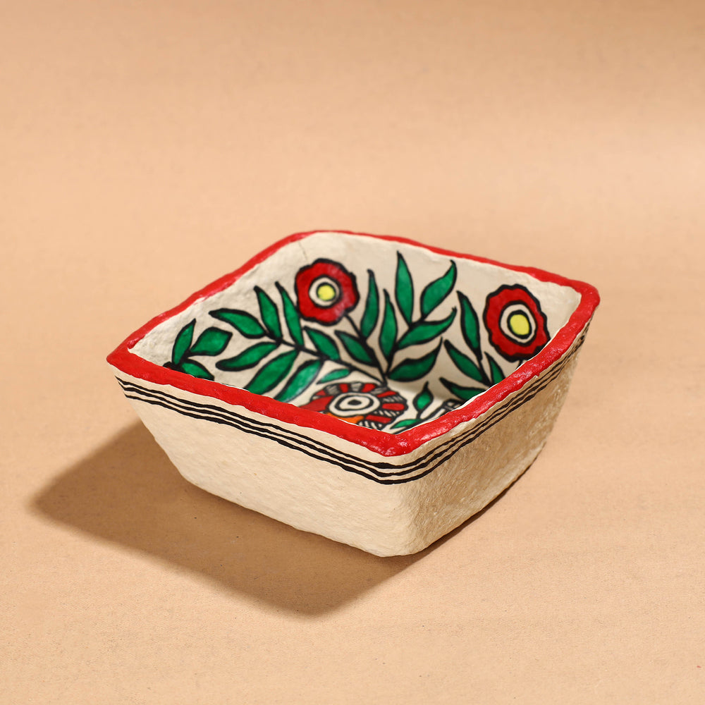 Madhubani Handpainted Paper Mache Home Decor Square Bowl