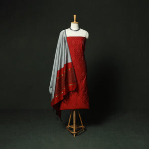Red - Pochampally Ikat Silk Cotton 3pc Unstitched Dress Material Suit Set 03