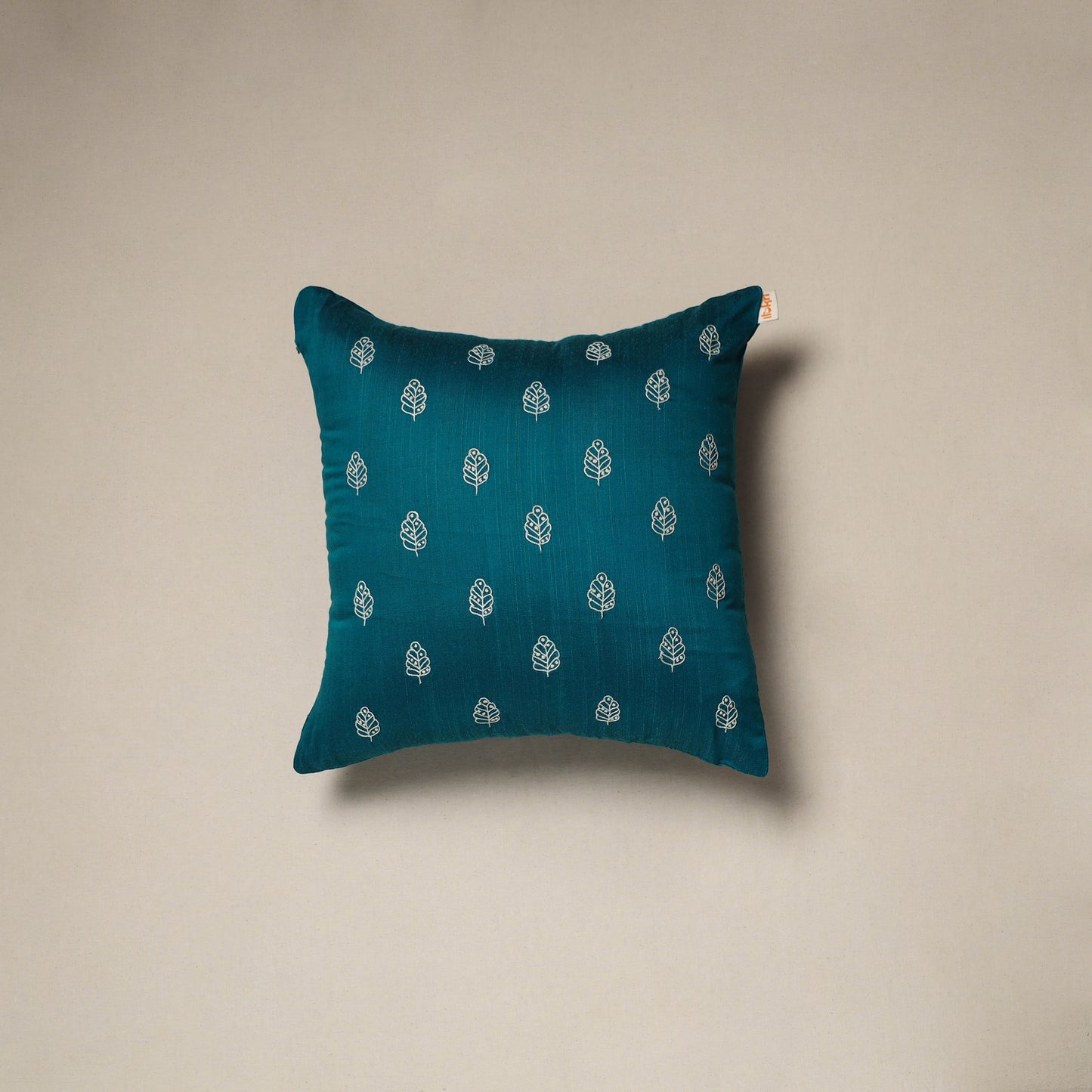 Blue - plain slub silk hand embroidered cushion cover 04