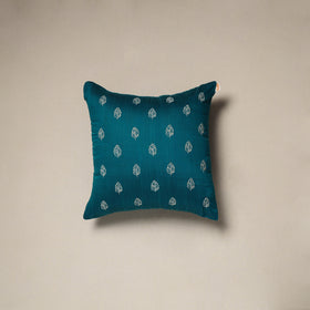 Blue - plain slub silk hand embroidered cushion cover 04