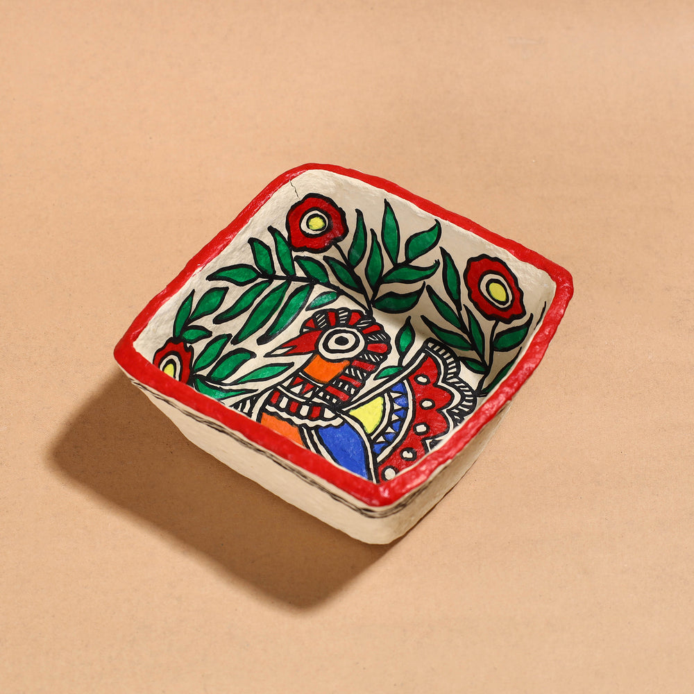 Madhubani Handpainted Paper Mache Home Decor Square Bowl