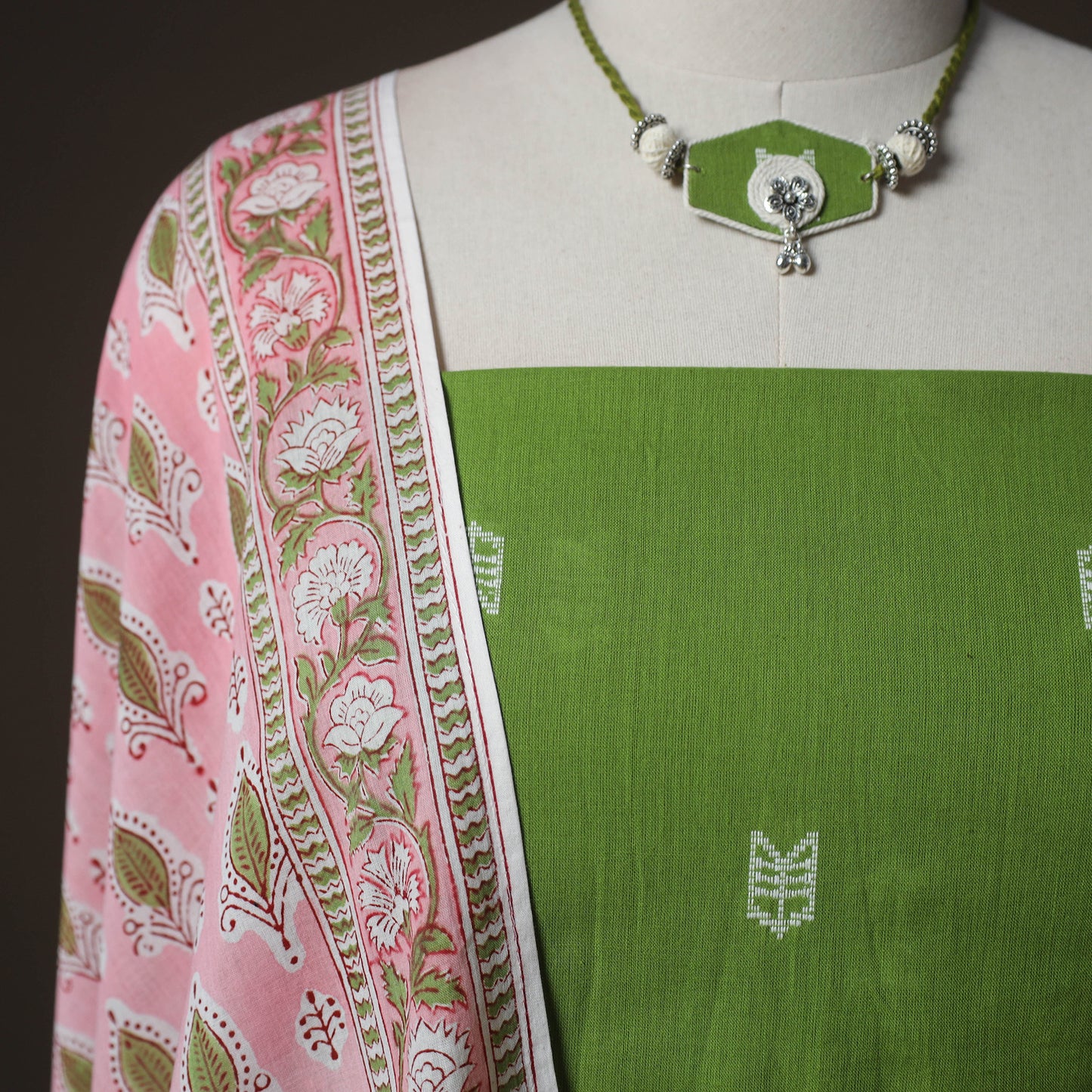 Jacquard Cotton 2pc Unstitched Dress Material Kurta Set with Jewellery 13
