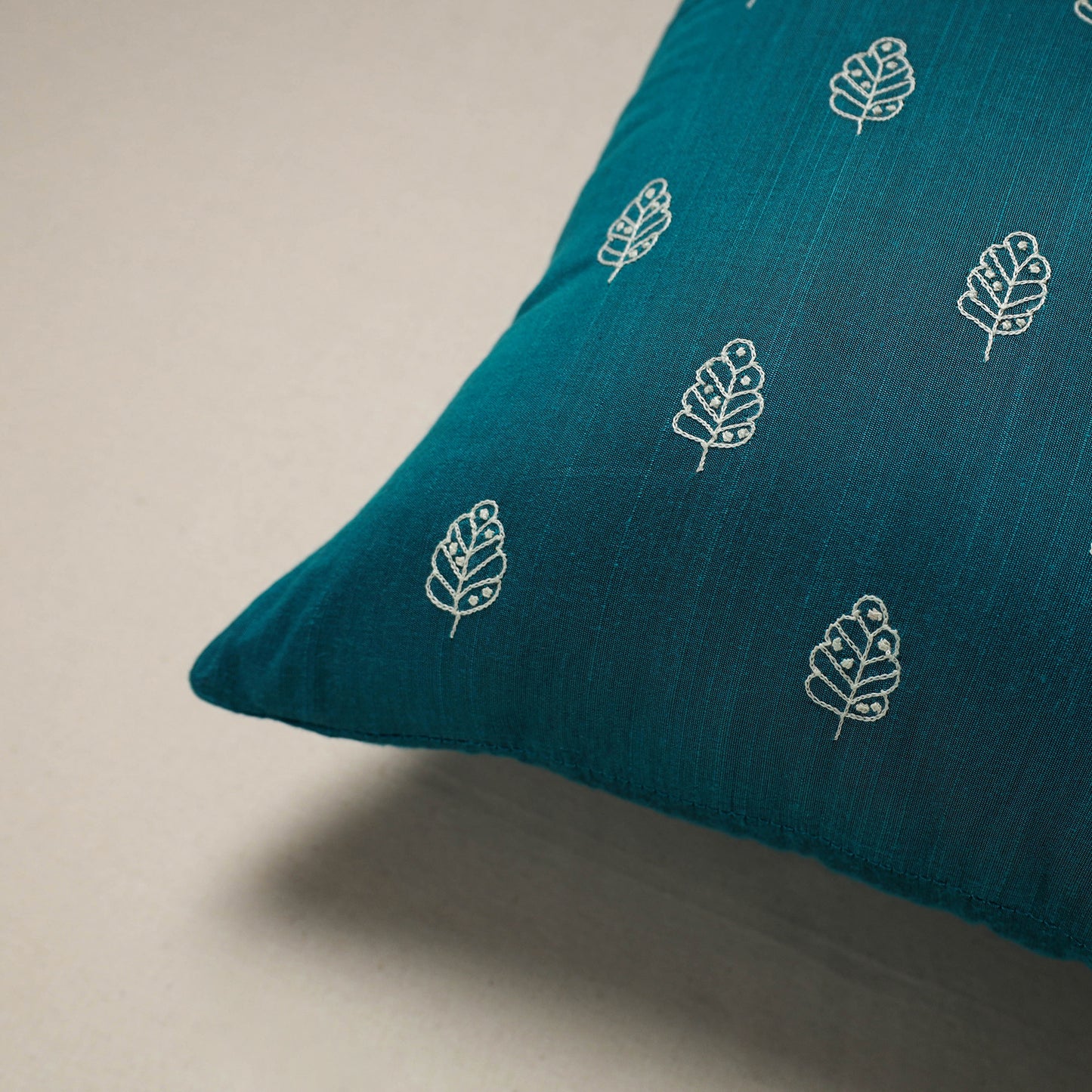 Blue - plain slub silk hand embroidered cushion cover 04