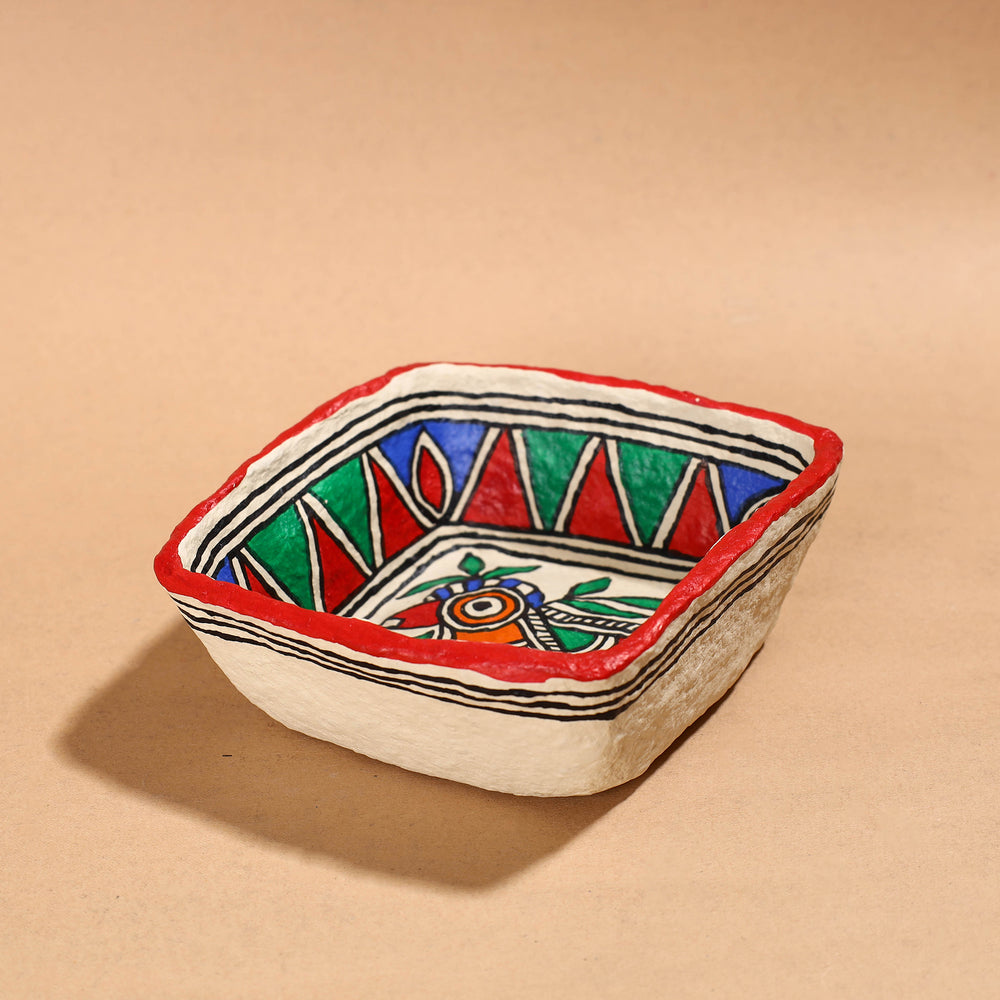 Madhubani Handpainted Paper Mache Home Decor Square Bowl