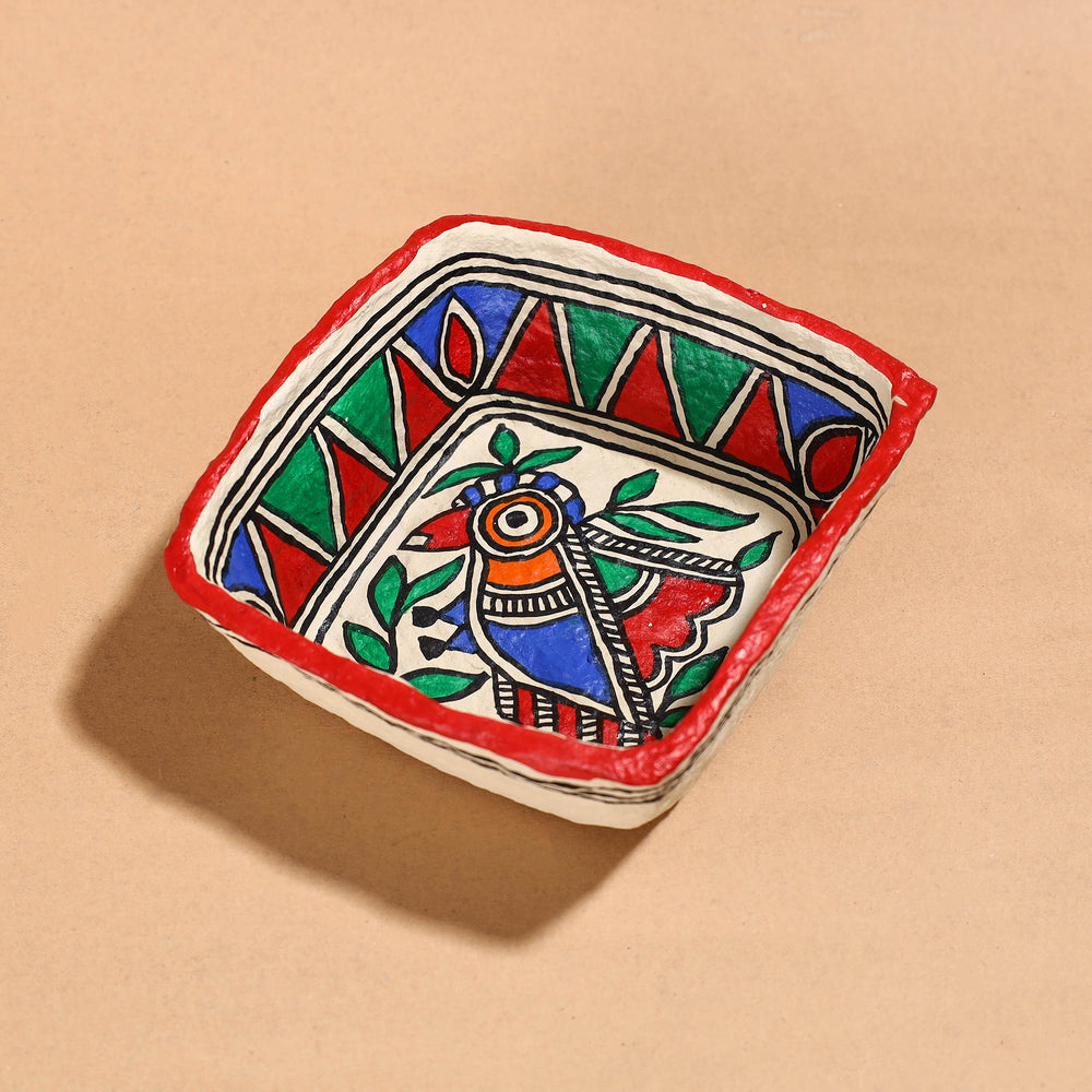 Madhubani Handpainted Paper Mache Home Decor Square Bowl