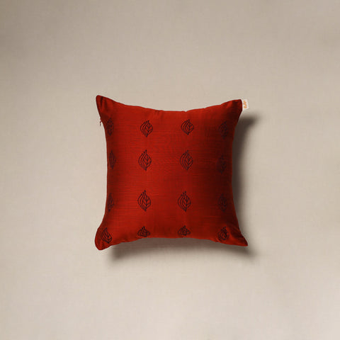 Red - plain slub silk hand embroidered cushion cover 03