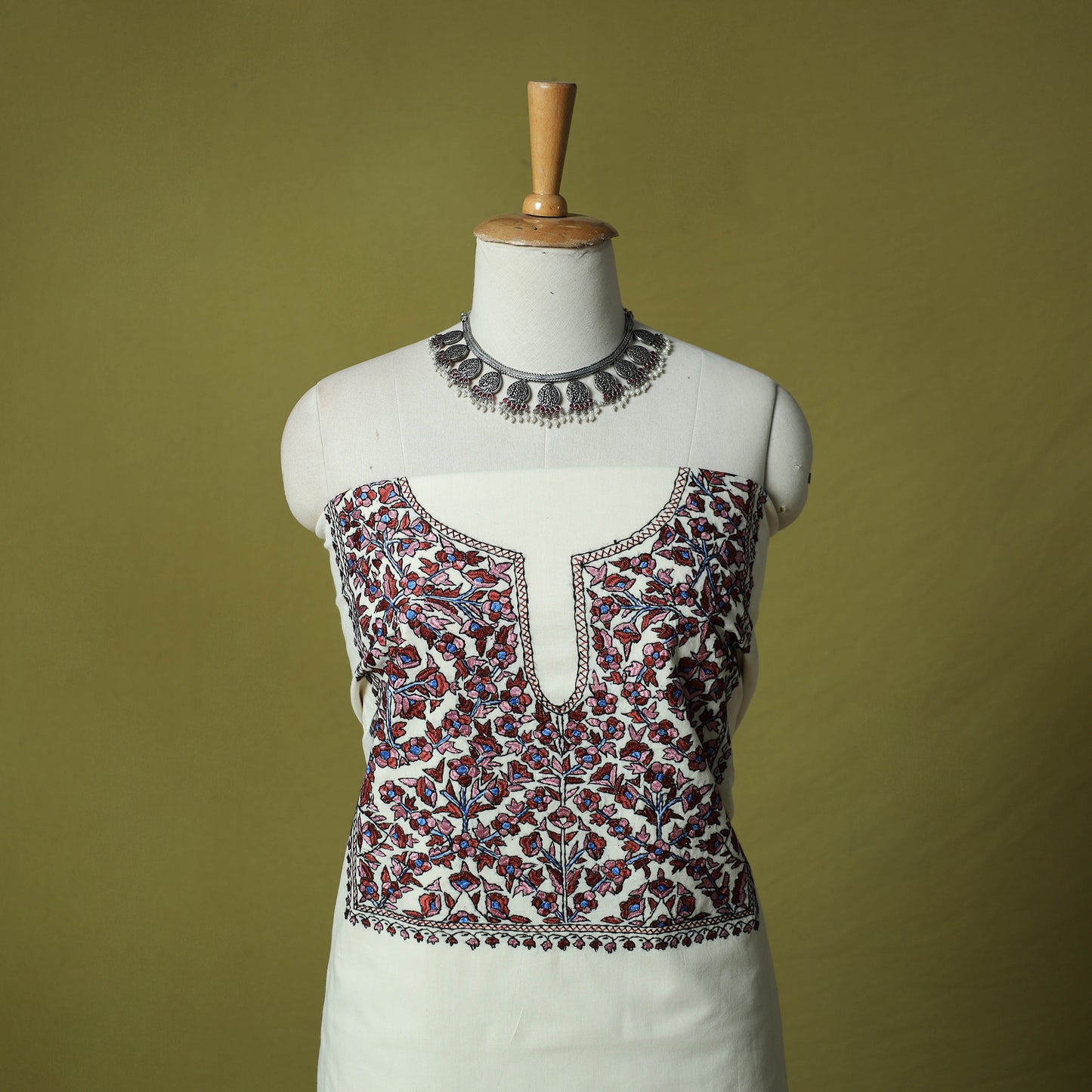 White - Hand Embroidered Cotton Kashida 2pc Unstitched Dress Material Kurta Set 17