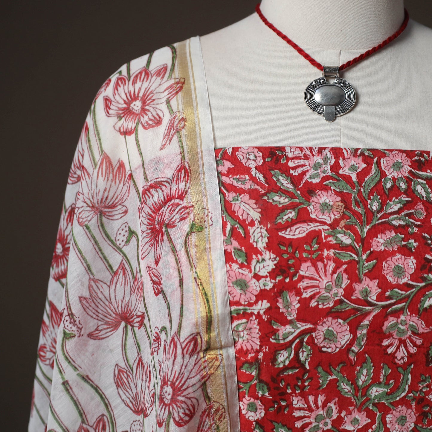 Sanganeri Hand Block Print Cotton 2pc Unstitched Dress Material Kurta Set with Jewellery 14