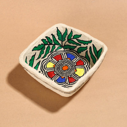 Madhubani Handpainted Paper Mache Home Decor Square Bowl (6 x 6 in)