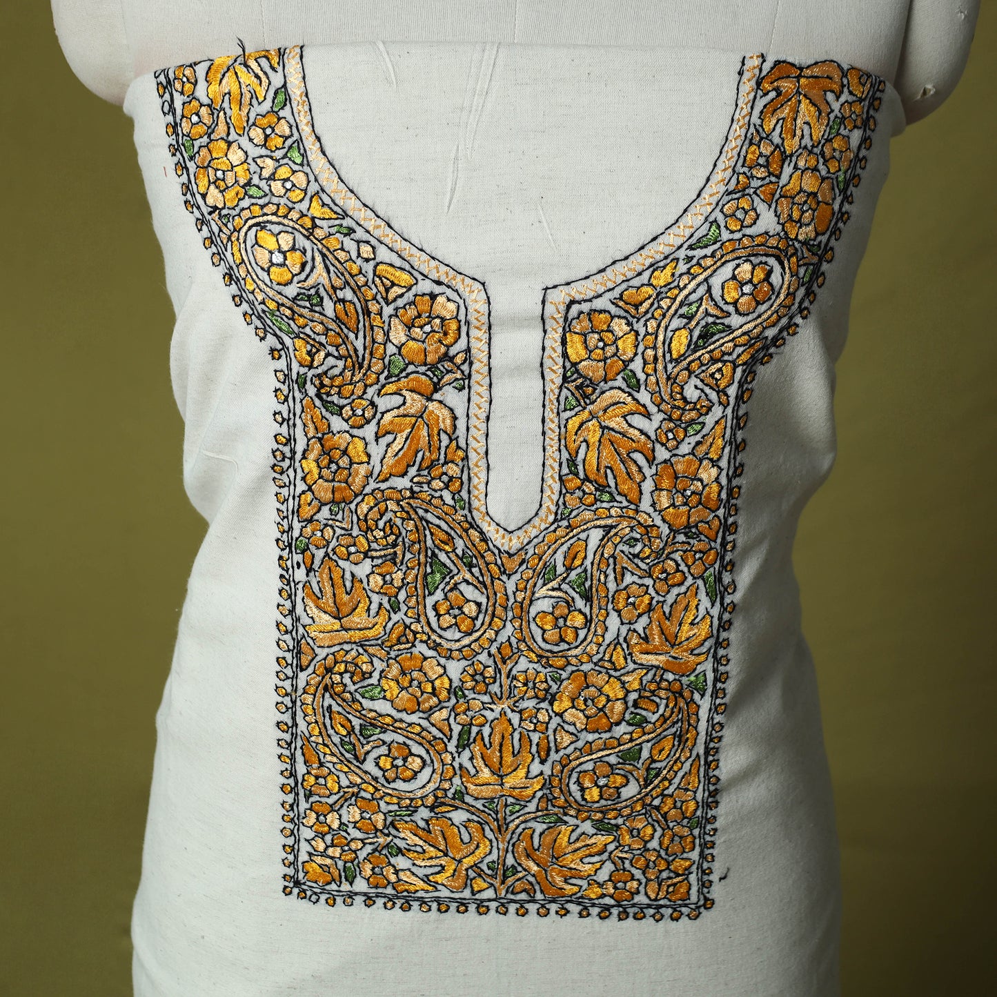 White - Hand Embroidered Cotton Kashida 2pc Unstitched Dress Material Kurta Set 18