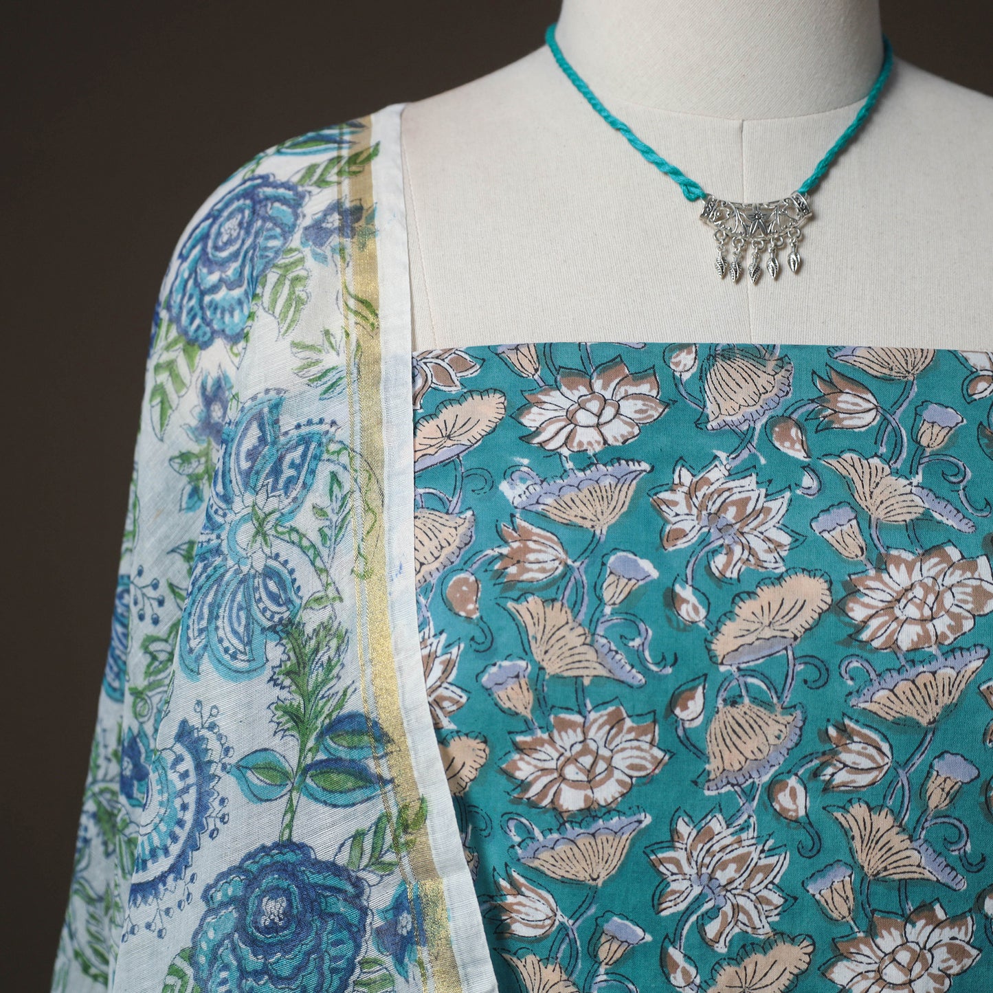 Sanganeri Hand Block Print Cotton 2pc Unstitched Dress Material Kurta Set with Jewellery 15