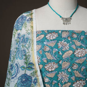 Sanganeri Hand Block Print Cotton 2pc Unstitched Dress Material Kurta Set with Jewellery 15