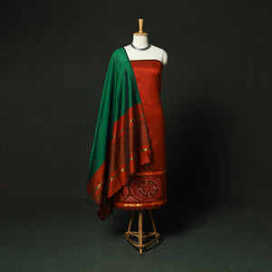 Red - Pochampally Ikat Silk Cotton 3pc Unstitched Dress Material Suit Set 05