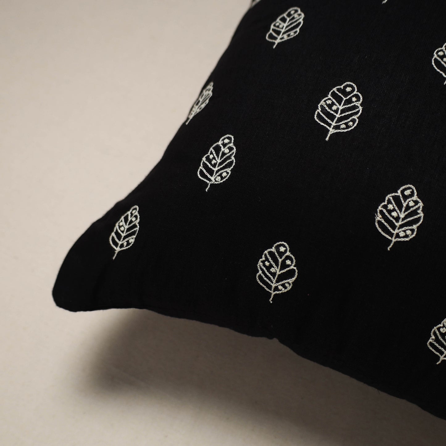 Black - plain slub silk hand embroidered cushion cover 02