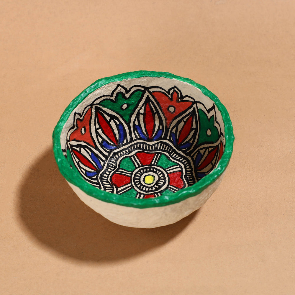 Madhubani Handpainted Paper Mache Home Decor Round Bowl