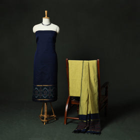 Blue - Pochampally Ikat Silk Cotton 3pc Unstitched Dress Material Suit Set 07