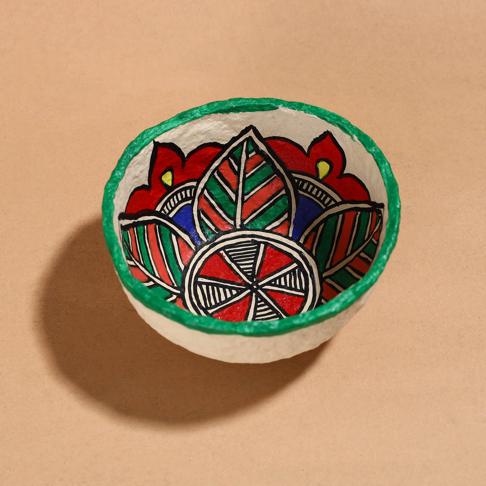 Madhubani Handpainted Paper Mache Home Decor Round Bowl