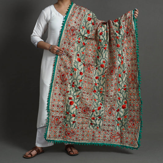 Green - Ranihati Chanderi Silk Chapa Work Phulkari Embroidery Dupatta