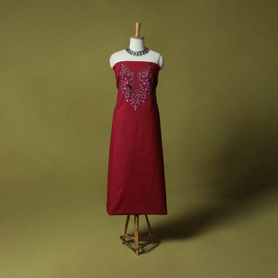 Red - Hand Embroidered Cotton Kashida 2pc Unstitched Dress Material Kurta Set 21