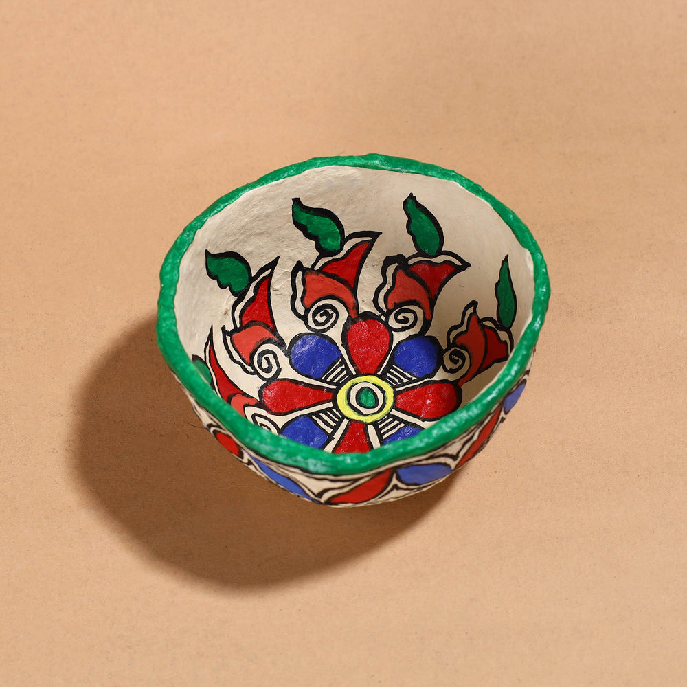 Madhubani Handpainted Paper Mache Home Decor Round Bowl 