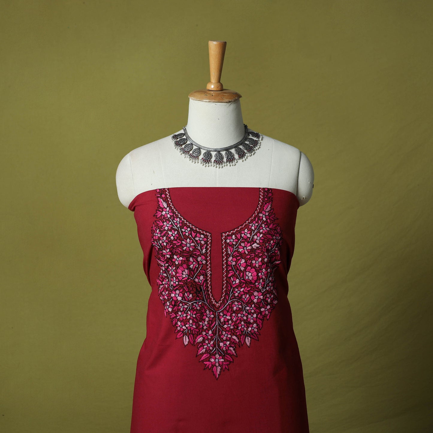 Red - Hand Embroidered Cotton Kashida 2pc Unstitched Dress Material Kurta Set 21