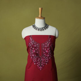 Red - Hand Embroidered Cotton Kashida 2pc Unstitched Dress Material Kurta Set 21