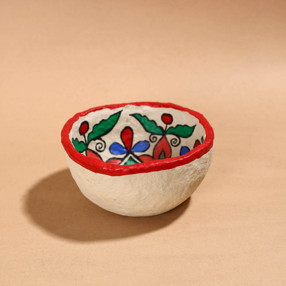 Madhubani Handpainted Paper Mache Home Decor Round Bowl 