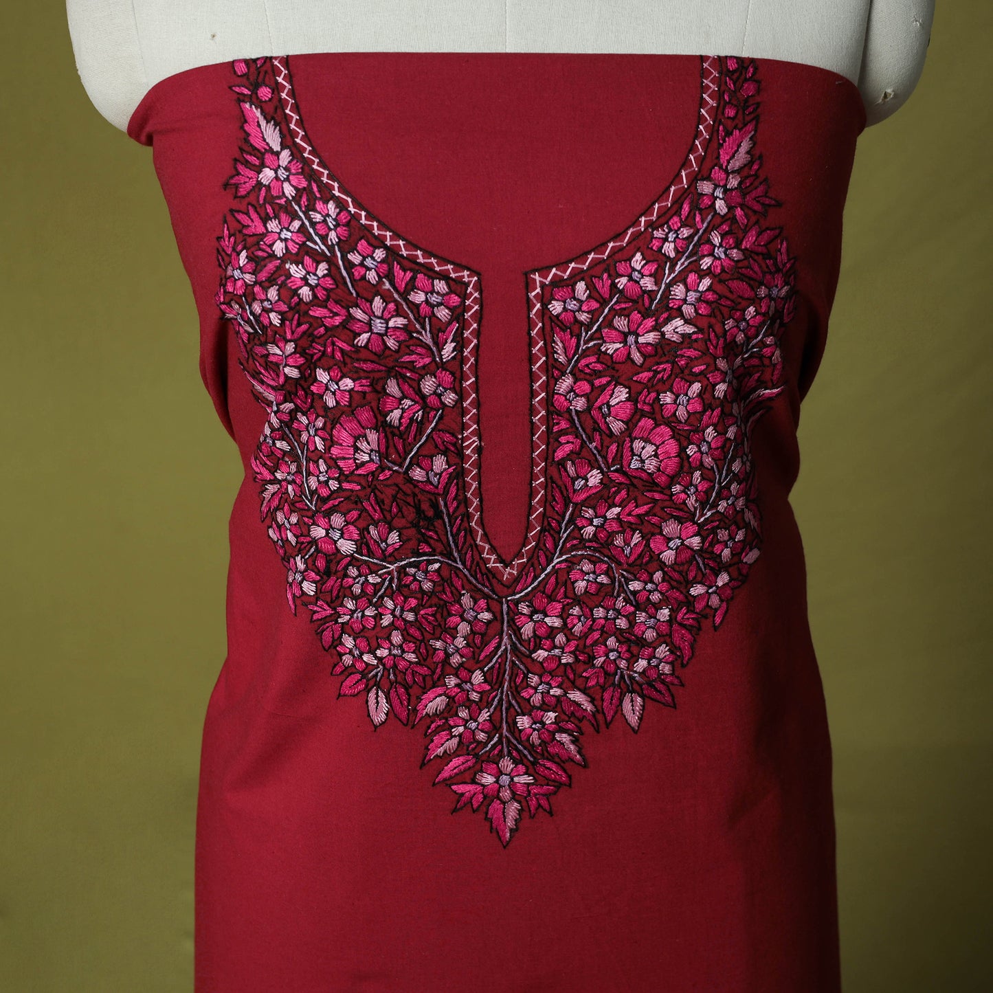 Red - Hand Embroidered Cotton Kashida 2pc Unstitched Dress Material Kurta Set 21