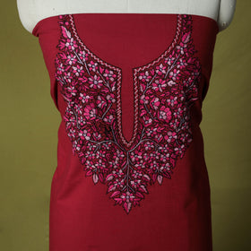 Red - Hand Embroidered Cotton Kashida 2pc Unstitched Dress Material Kurta Set 21